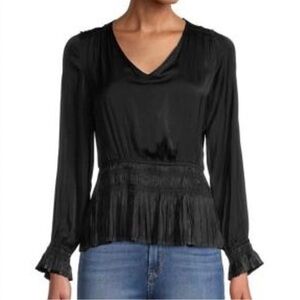 Women’s Philosophy Smocked Waist Pleated Hem Peplum Top Black Size Large